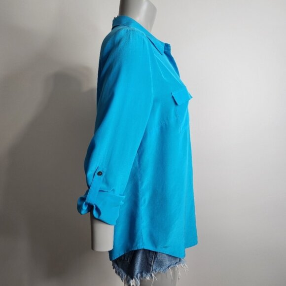Ann Taylor Blue Silk Long Sleeve Button Down Roll Tab Blouse Size M - Picture 4 of 13